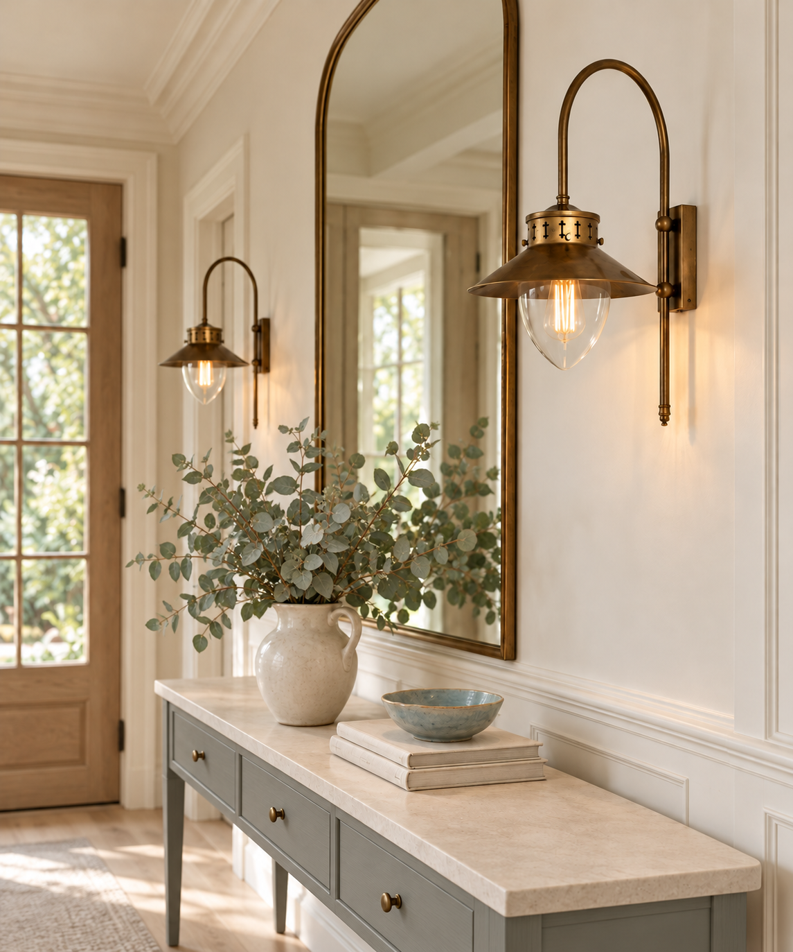 Boyd installation visualization with a Pigeon-painted console and eucalyptus; refer to product dimensions.