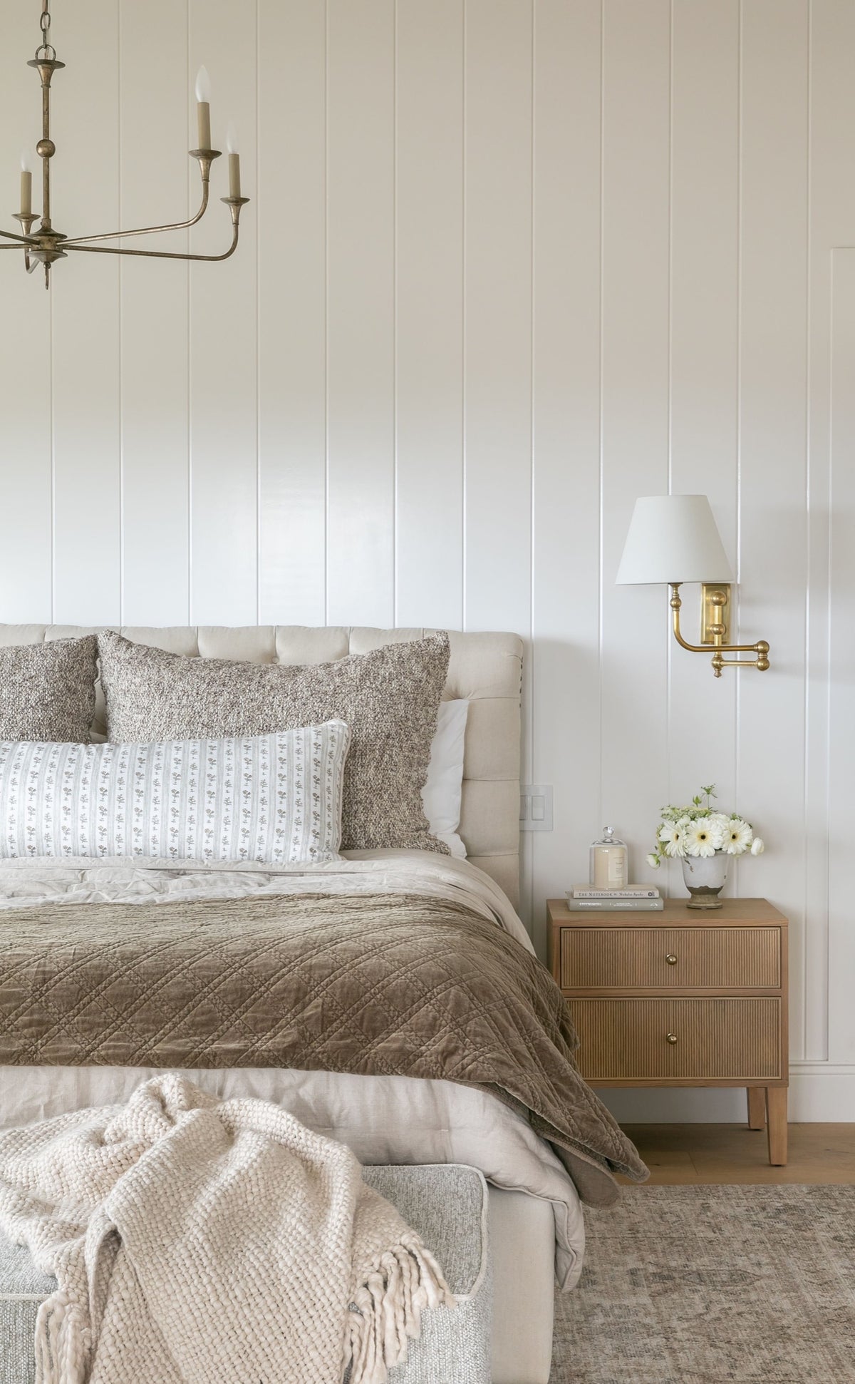 Highland 2-Drawer Nightstand in Natural Oak beside the bed in Alicia Torosian Design’s Windover bedroom